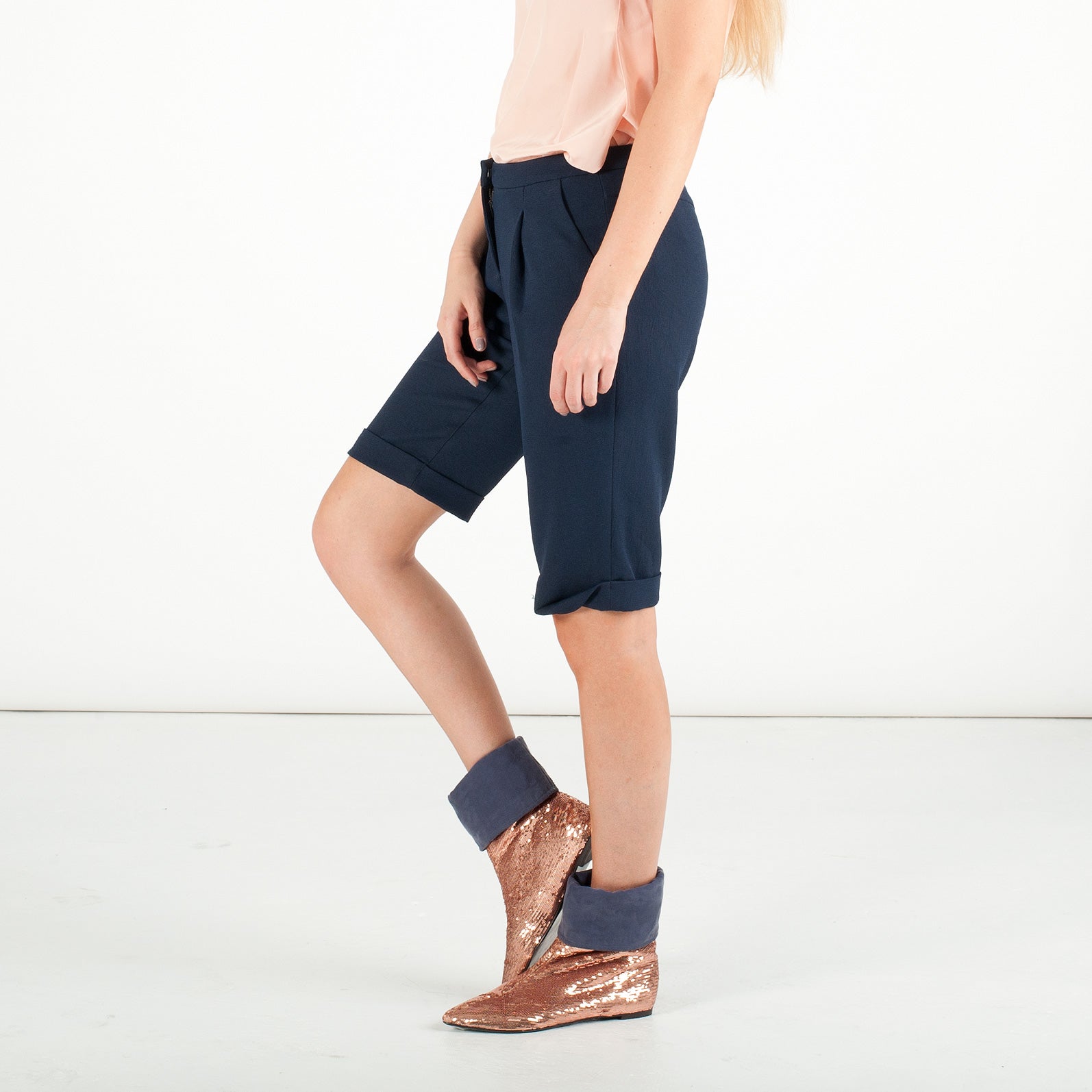 K683 sequin and silk boots; peach and navy
